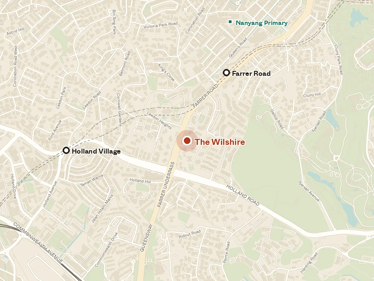 Map of the area around The Wilshire, with nearby MRT stations and primary schools