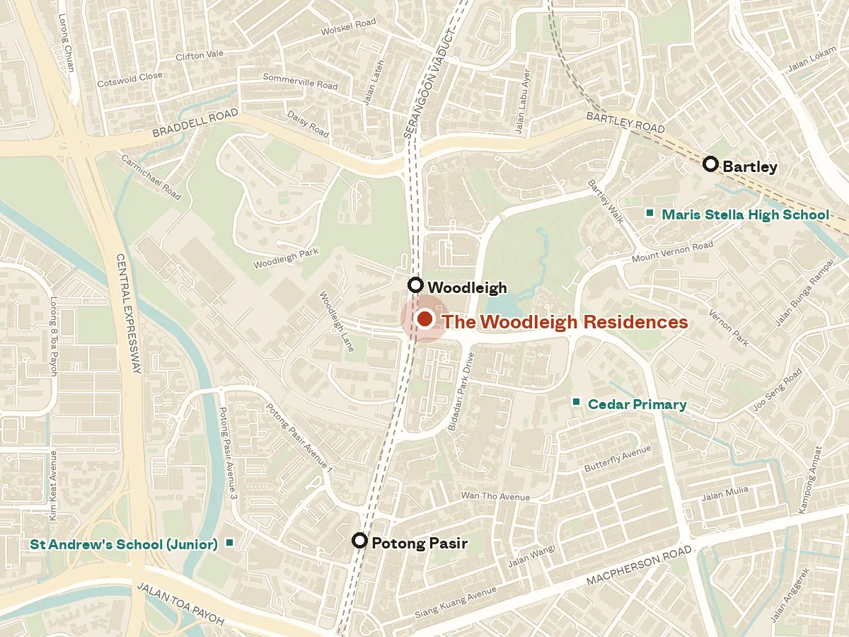 Map of the area around The Woodleigh Residences, with nearby MRT stations and primary schools