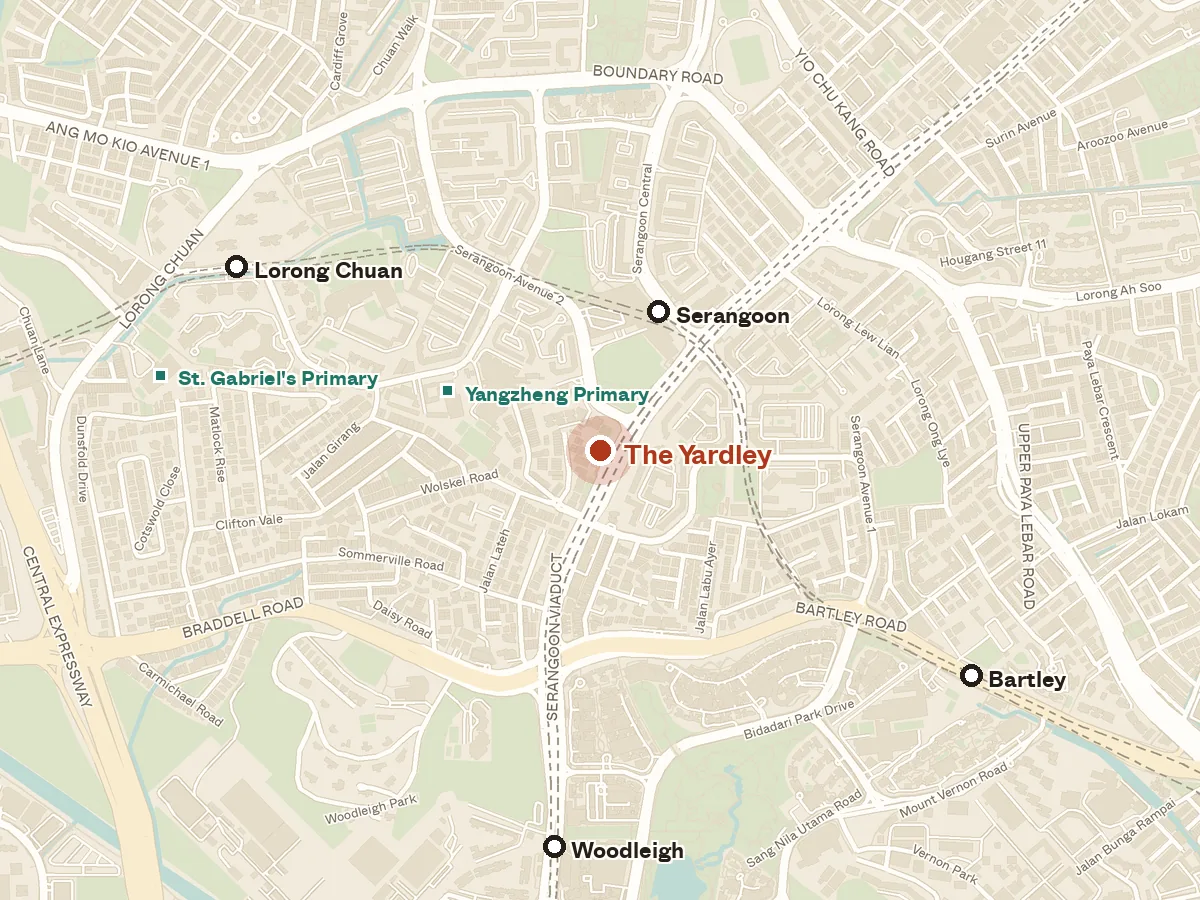 Map of the area around The Yardley, with nearby MRT stations and primary schools