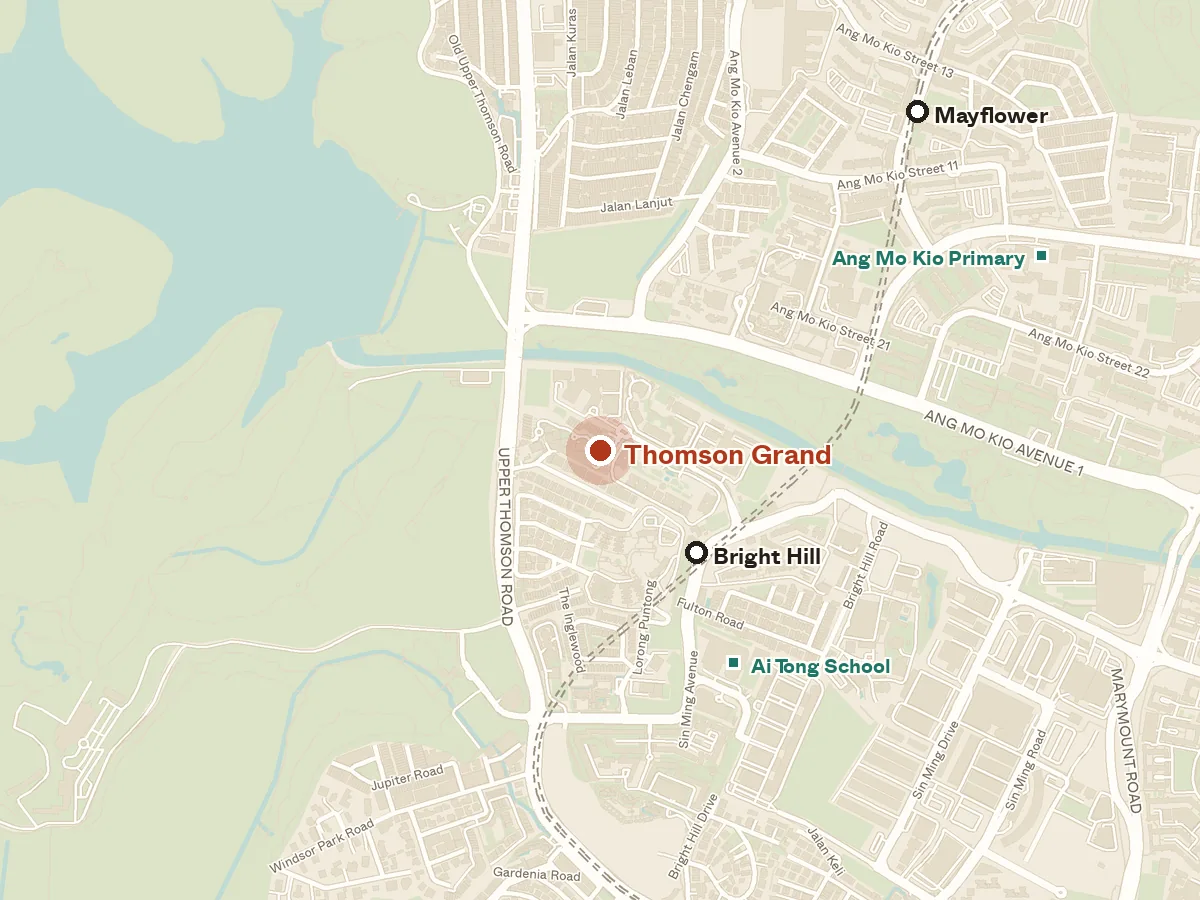 Map of the area around Thomson Grand, with nearby MRT stations and primary schools