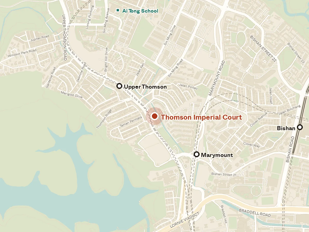 Map of the area around Thomson Imperial Court, with nearby MRT stations and primary schools