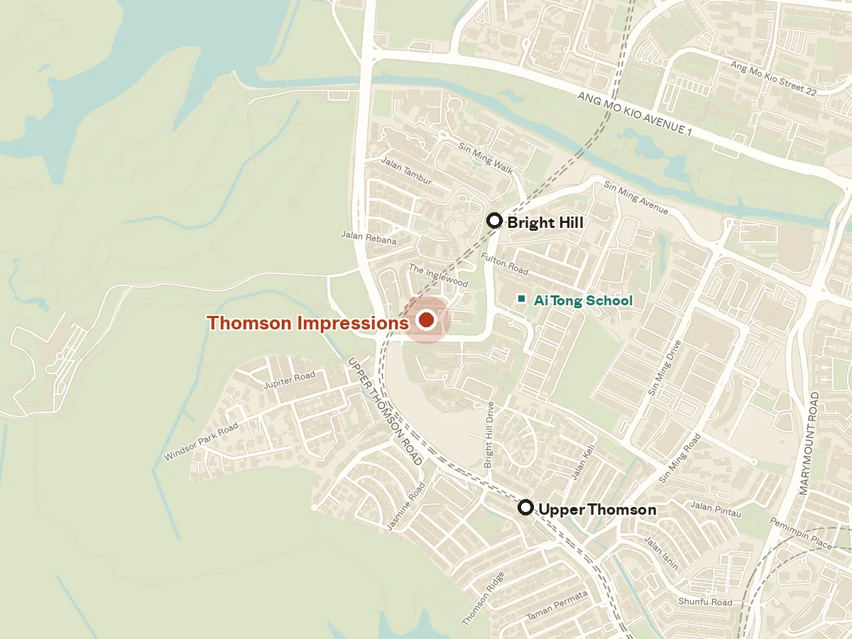 Map of the area around Thomson Impressions, with nearby MRT stations and primary schools