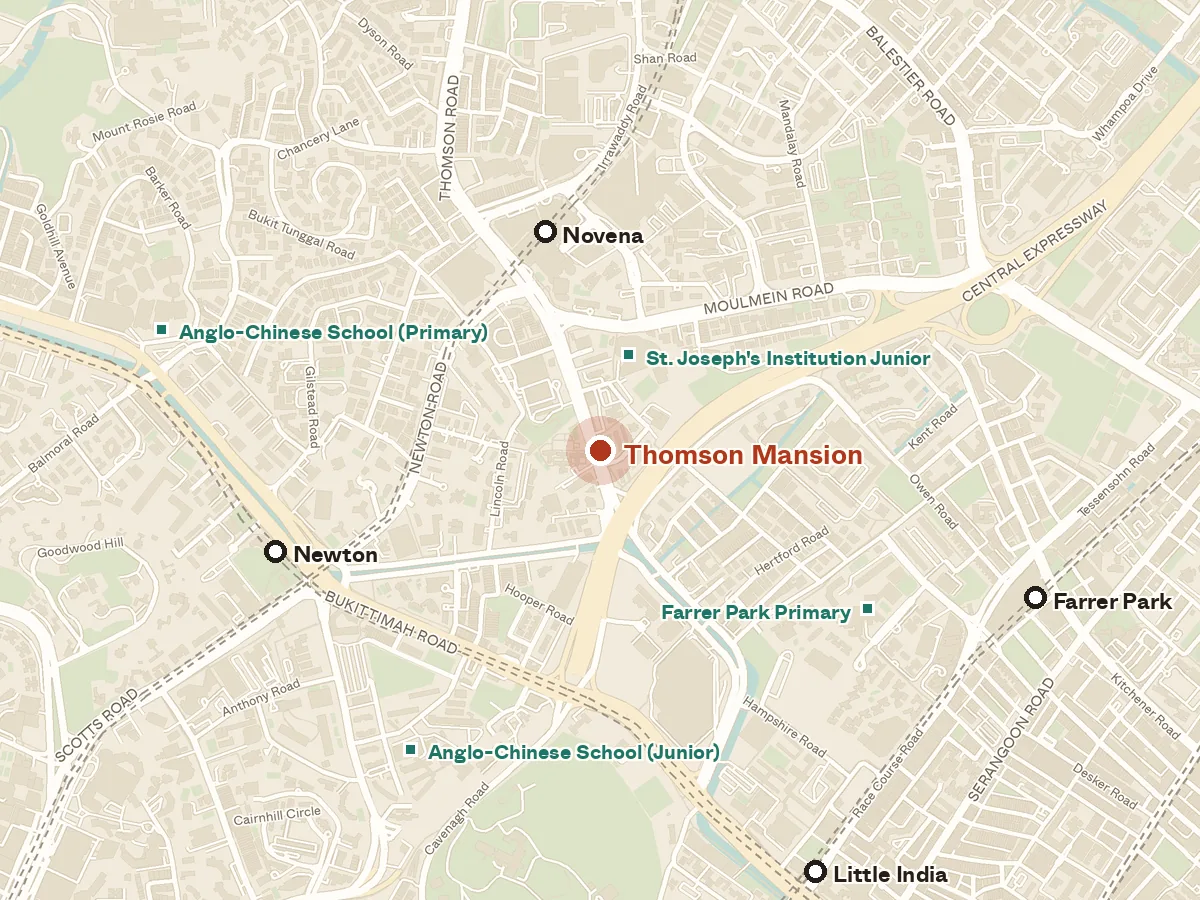 Map of the area around Thomson Mansion, with nearby MRT stations and primary schools