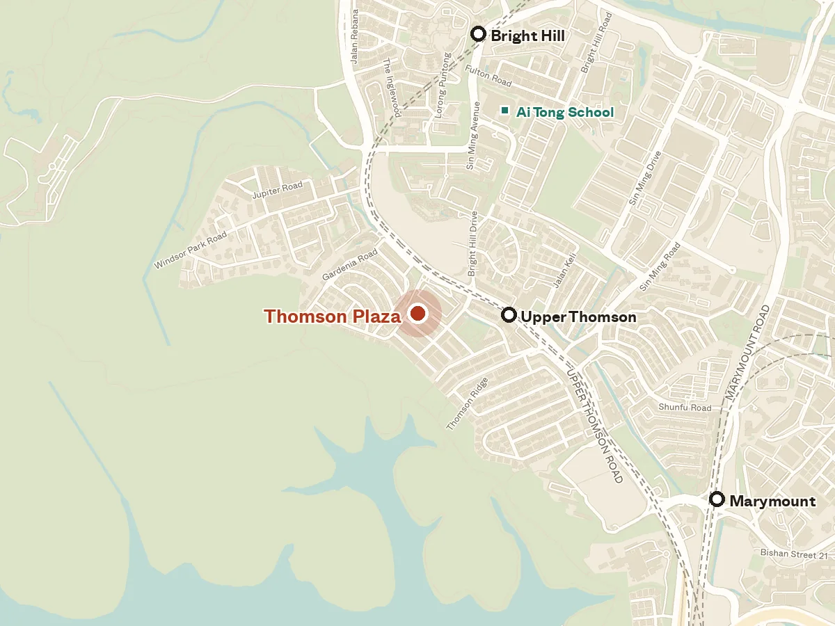 Map of the area around Thomson Plaza, with nearby MRT stations and primary schools