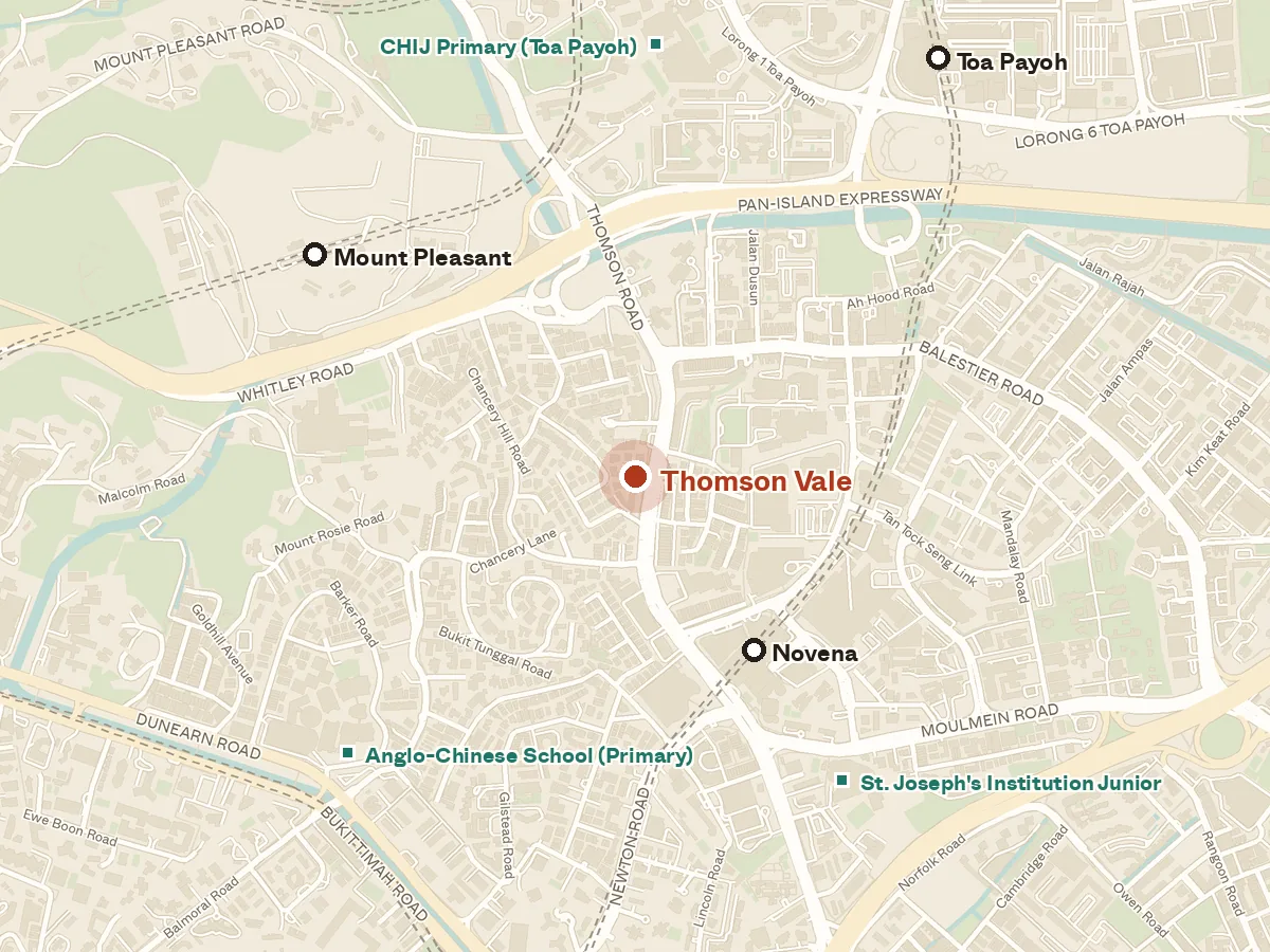 Map of the area around Thomson Vale, with nearby MRT stations and primary schools