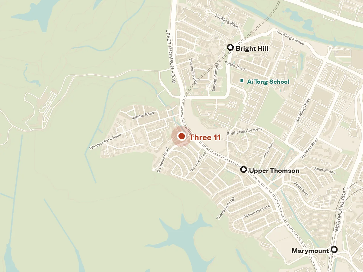 Map of the area around Three 11, with nearby MRT stations and primary schools