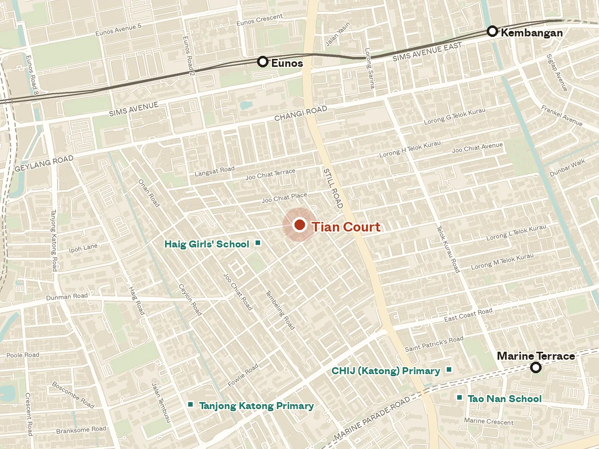 Map of the area around Tian Court, with nearby MRT stations and primary schools