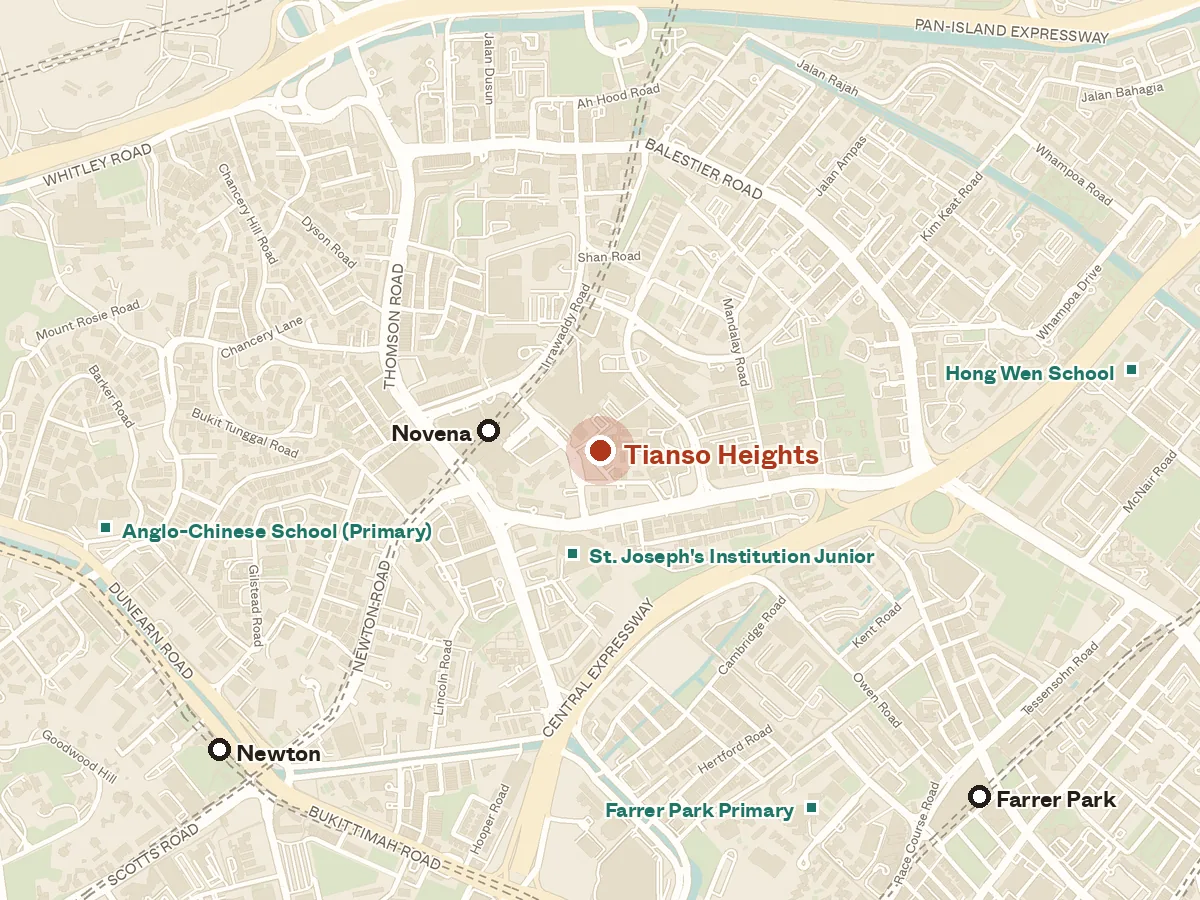 Map of the area around Tianso Heights, with nearby MRT stations and primary schools