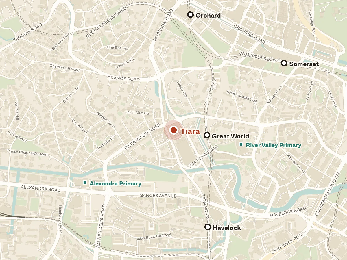 Map of the area around Tiara, with nearby MRT stations and primary schools