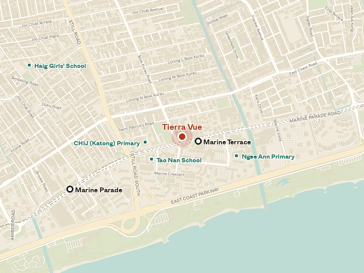 Map of the area around Tierra Vue, with nearby MRT stations and primary schools