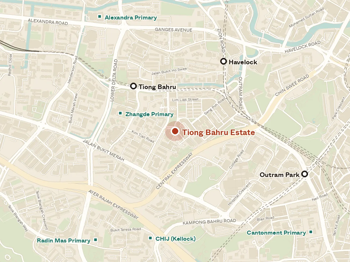Map of the area around Tiong Bahru Estate, with nearby MRT stations and primary schools