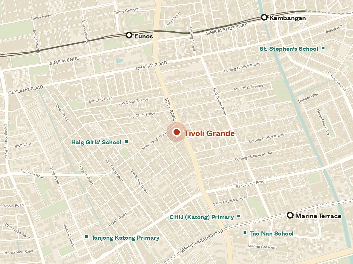Map of the area around Tivoli Grande, with nearby MRT stations and primary schools