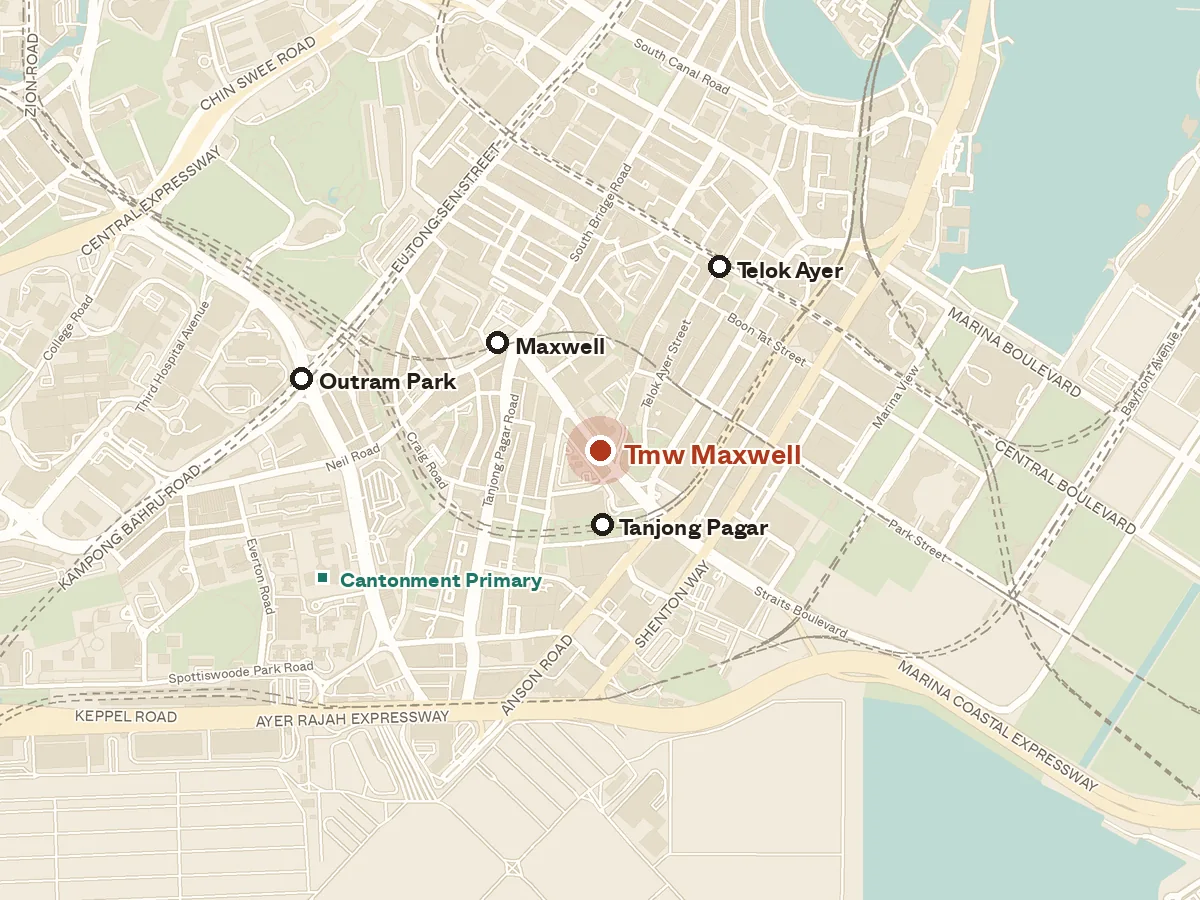 Map of the area around Tmw Maxwell, with nearby MRT stations and primary schools