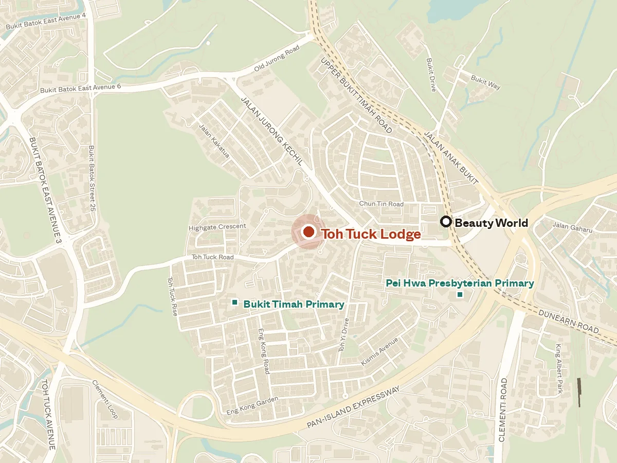 Map of the area around Toh Tuck Lodge, with nearby MRT stations and primary schools