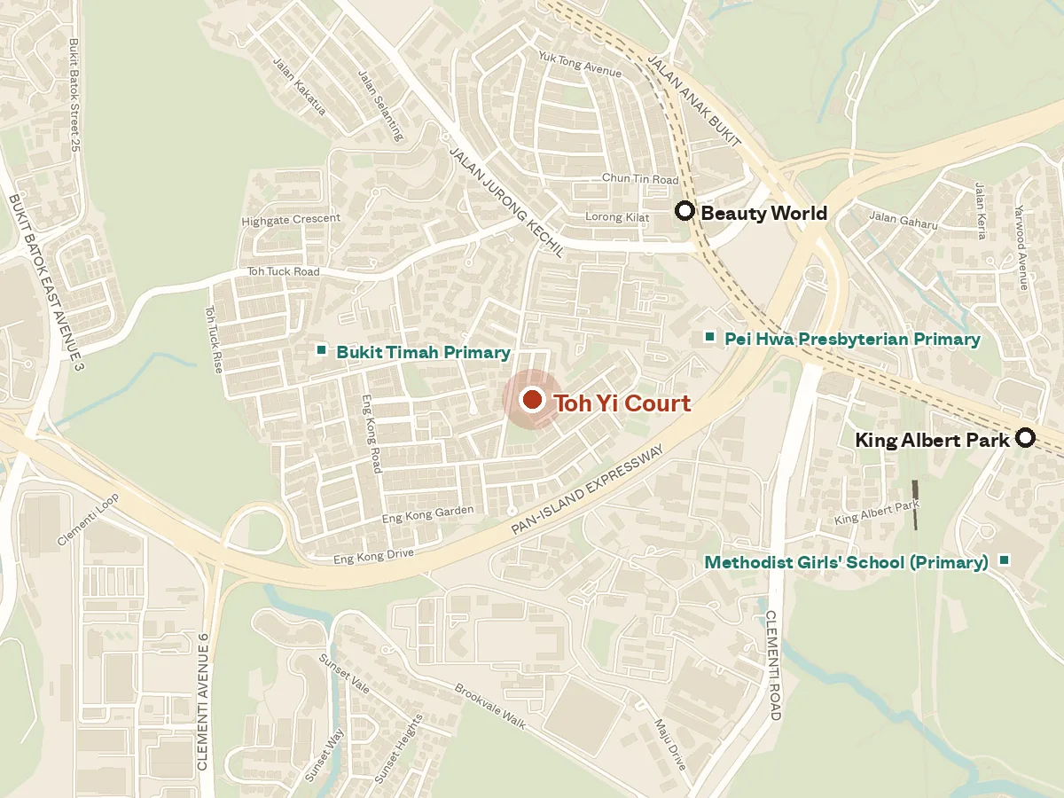 Map of the area around Toh Yi Court, with nearby MRT stations and primary schools