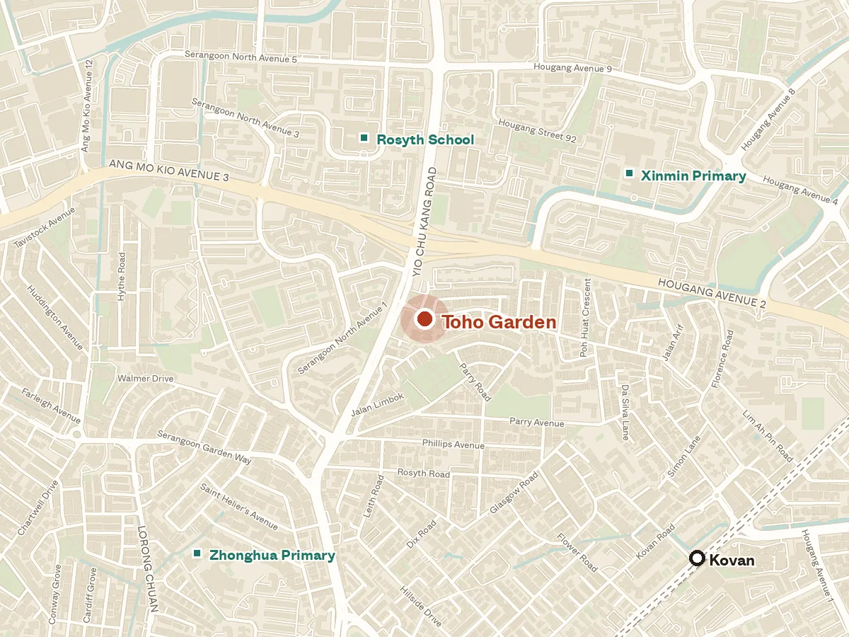 Map of the area around Toho Garden, with nearby MRT stations and primary schools