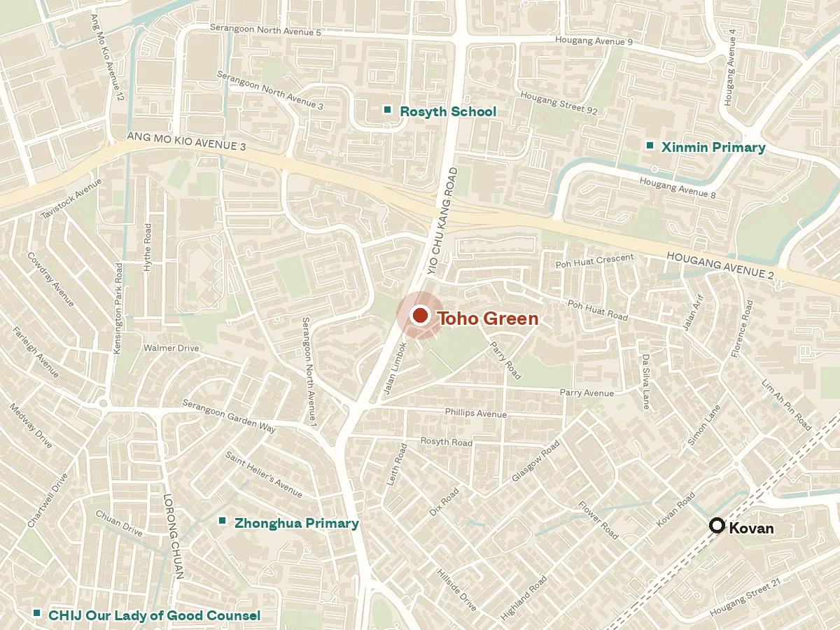 Map of the area around Toho Green, with nearby MRT stations and primary schools