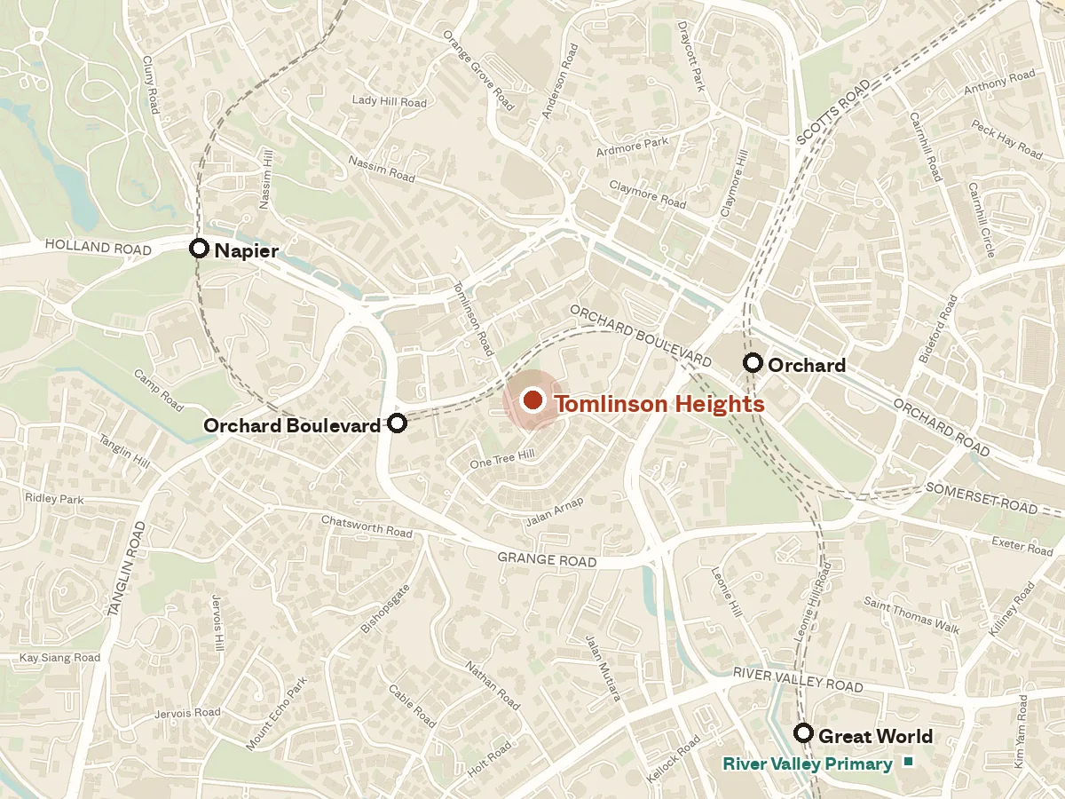 Map of the area around Tomlinson Heights, with nearby MRT stations and primary schools