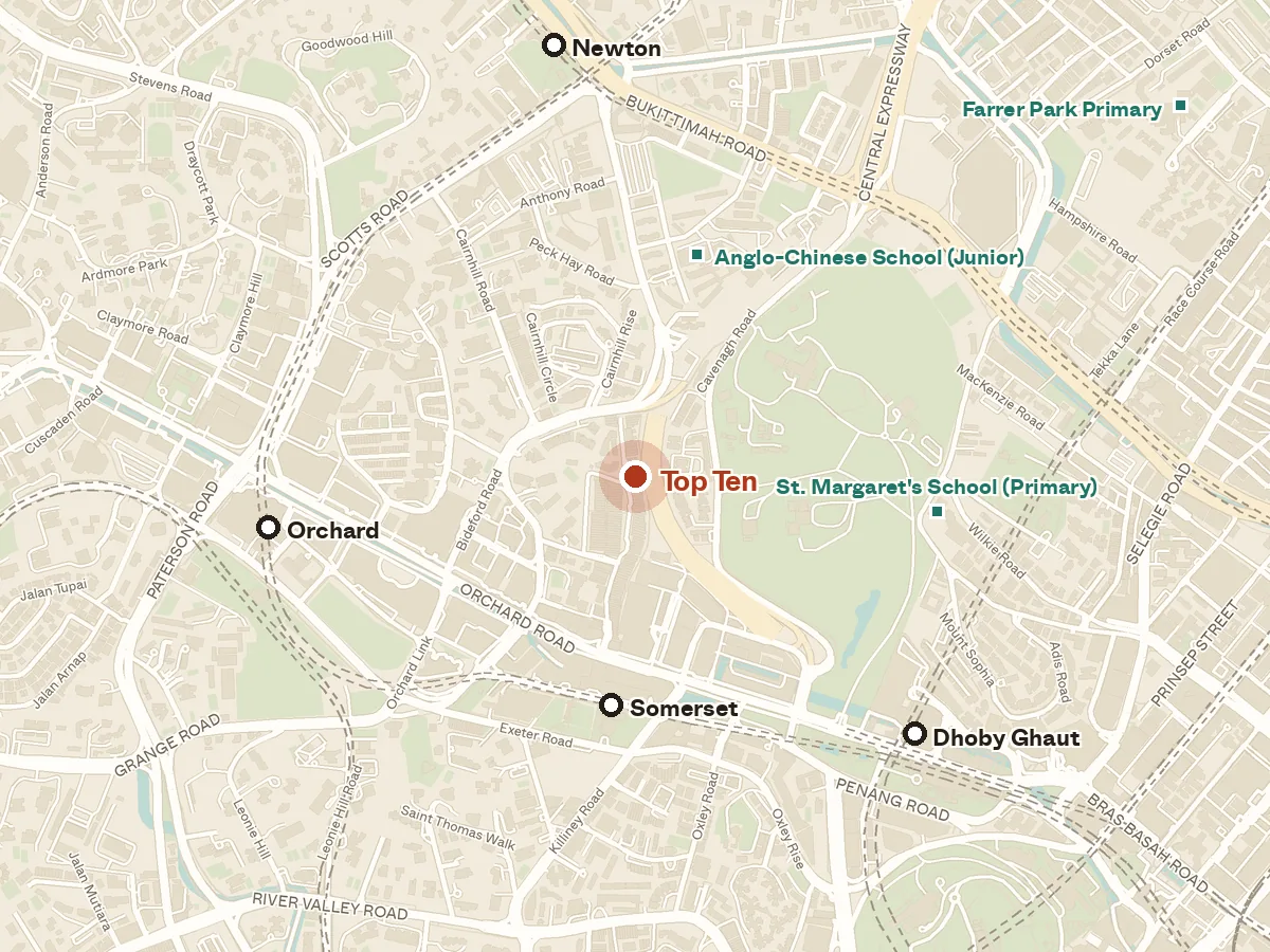 Map of the area around Top Ten, with nearby MRT stations and primary schools