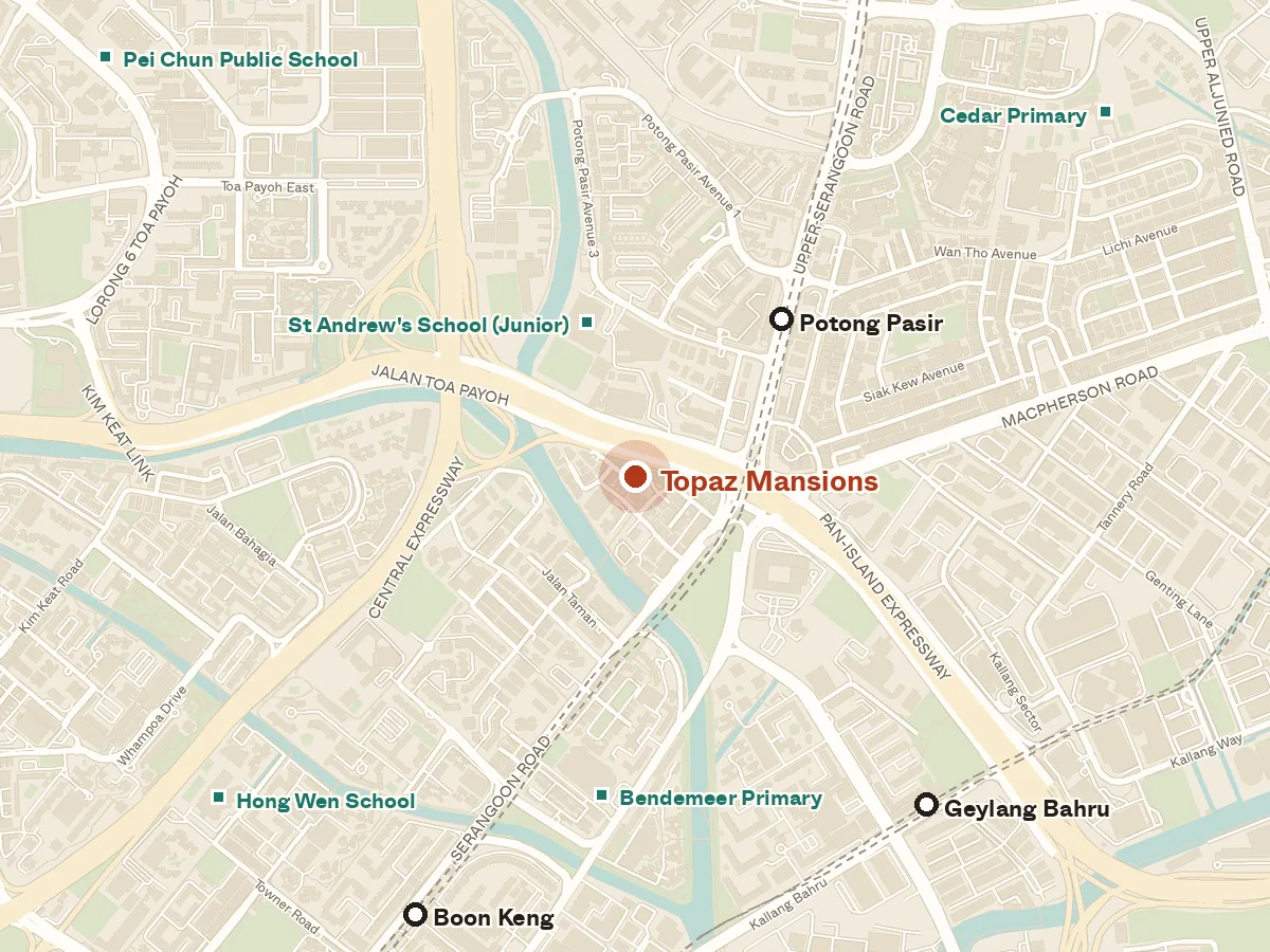 Map of the area around Topaz Mansions, with nearby MRT stations and primary schools