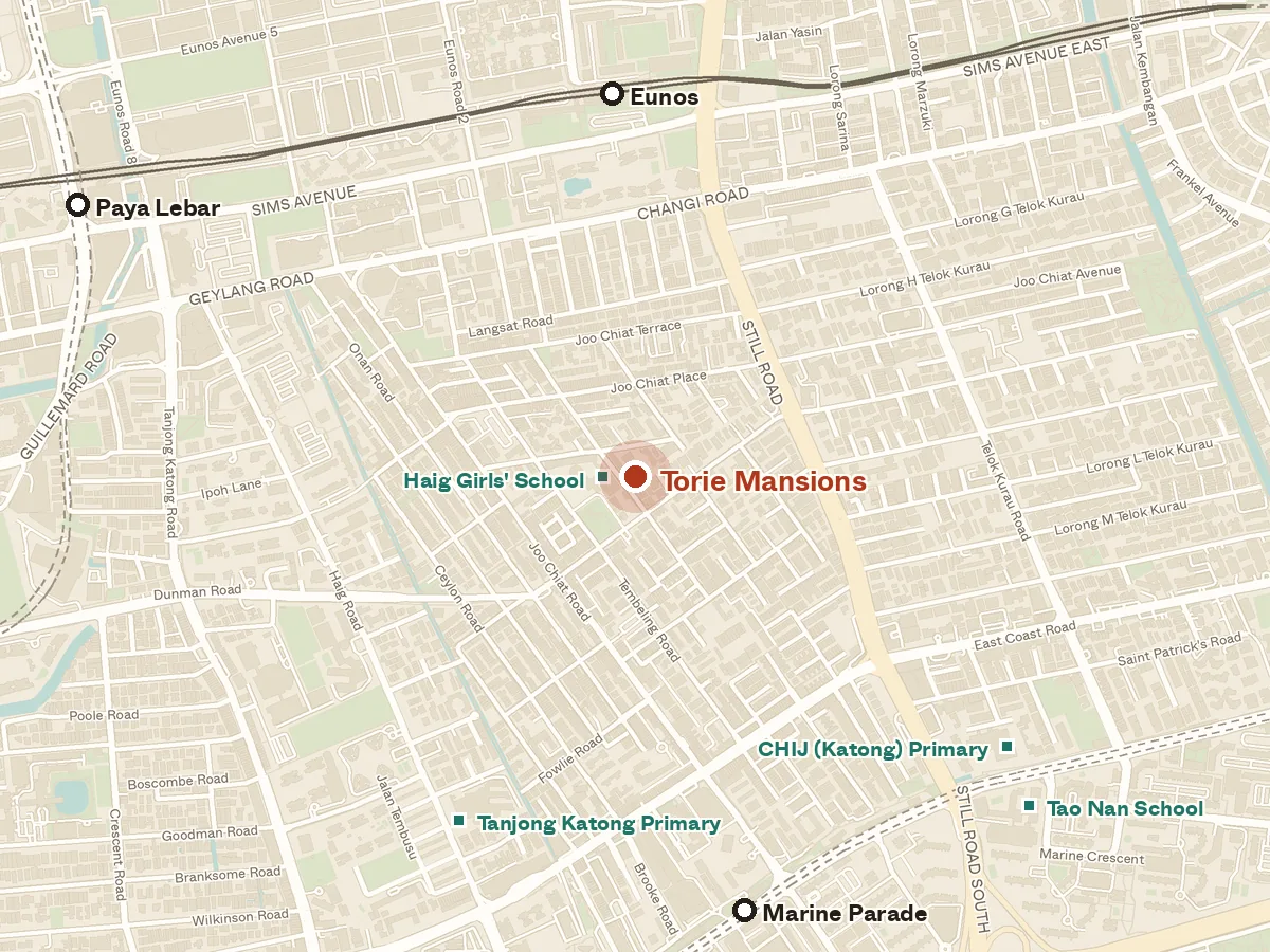 Map of the area around Torie Mansions, with nearby MRT stations and primary schools