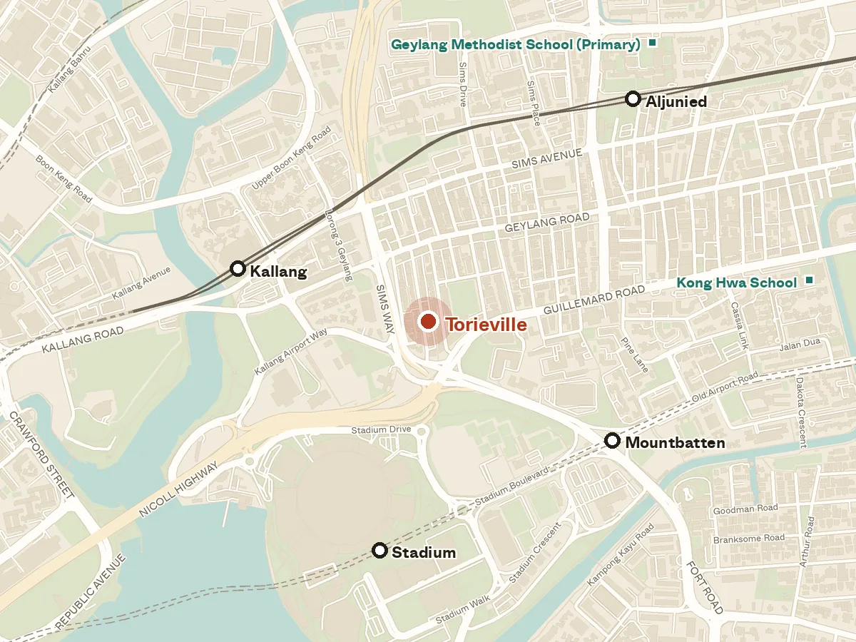 Map of the area around Torieville, with nearby MRT stations and primary schools