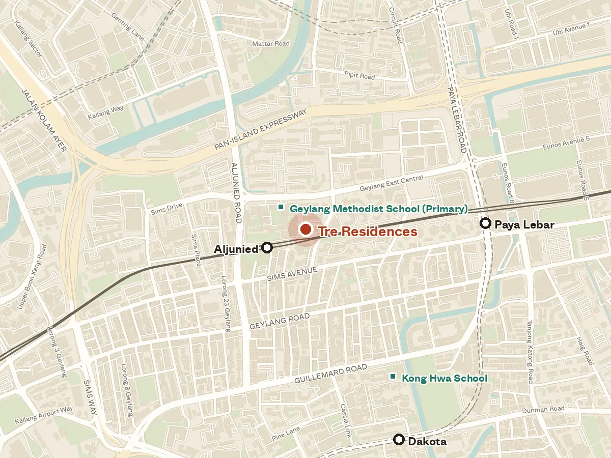 Map of the area around Tre Residences, with nearby MRT stations and primary schools