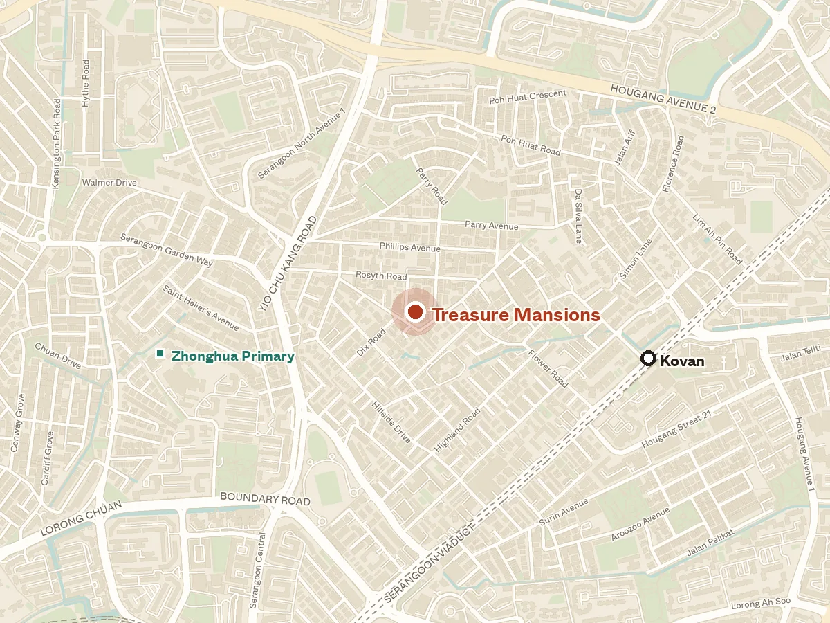 Map of the area around Treasure Mansions, with nearby MRT stations and primary schools