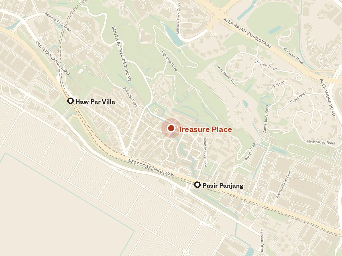 Map of the area around Treasure Place, with nearby MRT stations and primary schools
