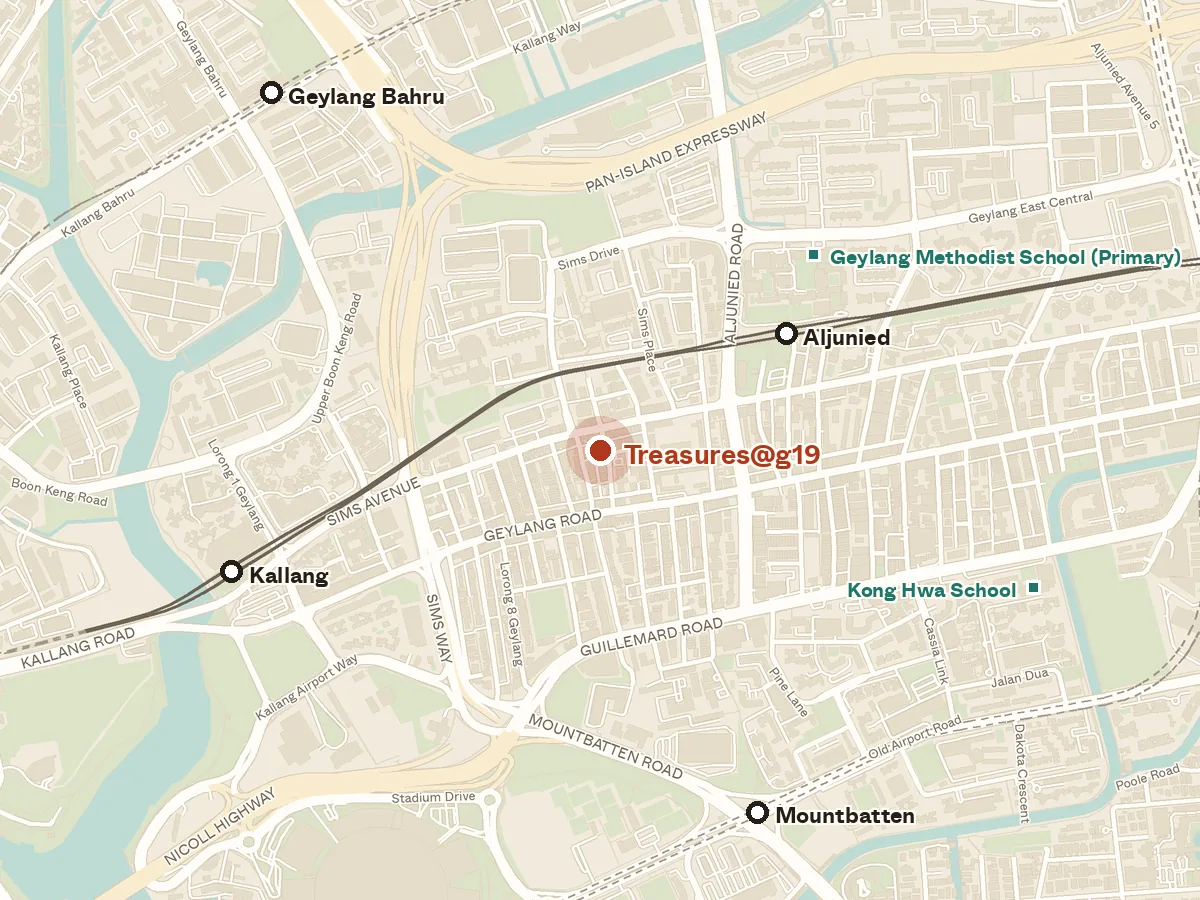 Map of the area around Treasures@g19, with nearby MRT stations and primary schools