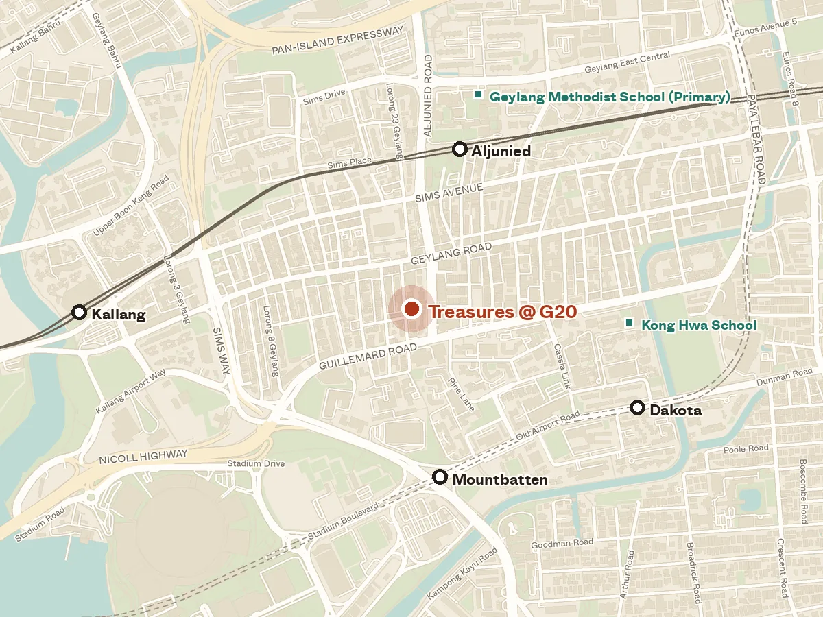 Map of the area around Treasures @ G20, with nearby MRT stations and primary schools