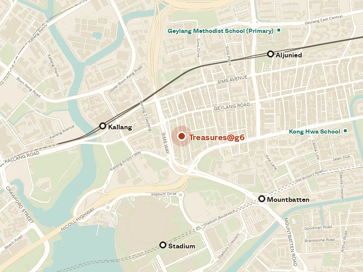Map of the area around Treasures@g6, with nearby MRT stations and primary schools