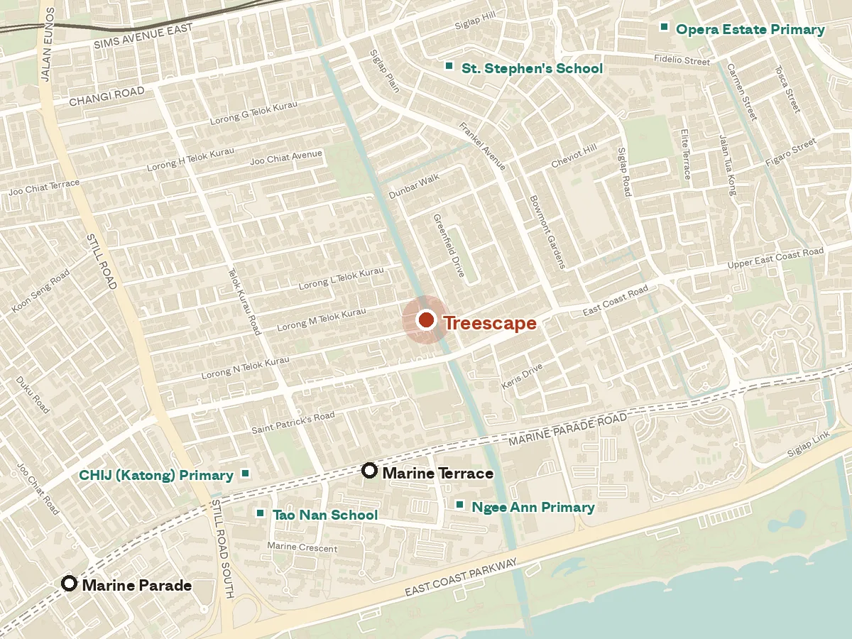 Map of the area around Treescape, with nearby MRT stations and primary schools