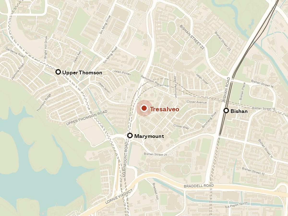 Map of the area around Tresalveo, with nearby MRT stations and primary schools
