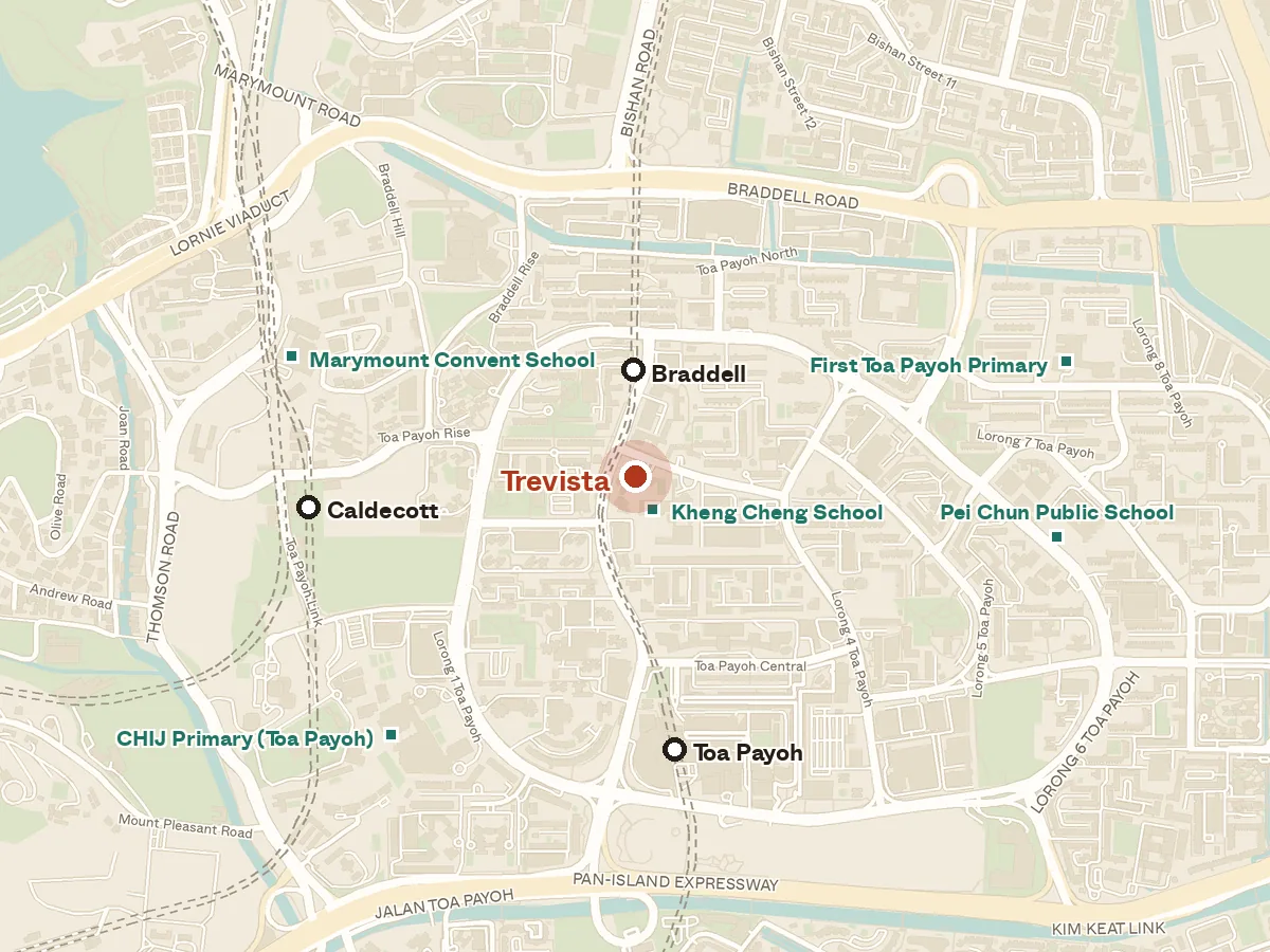Map of the area around Trevista, with nearby MRT stations and primary schools