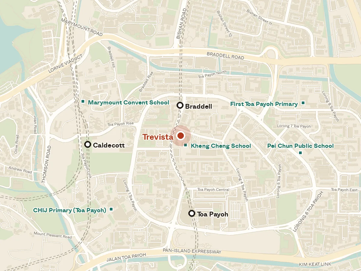 Map of the area around Trevista, with nearby MRT stations and primary schools