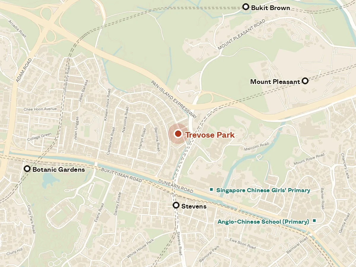 Map of the area around Trevose Park, with nearby MRT stations and primary schools