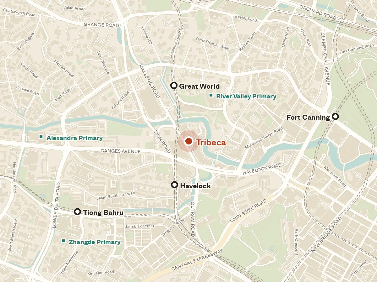 Map of the area around Tribeca, with nearby MRT stations and primary schools