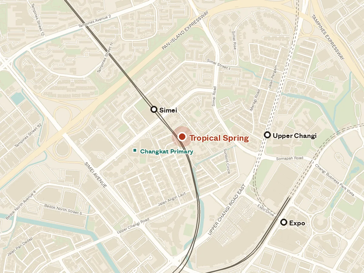 Map of the area around Tropical Spring, with nearby MRT stations and primary schools