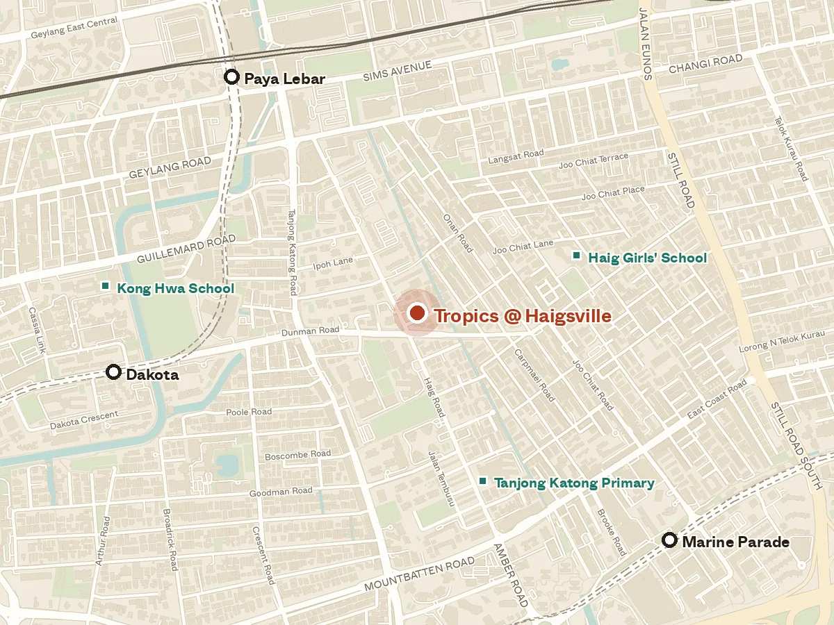 Map of the area around Tropics @ Haigsville, with nearby MRT stations and primary schools