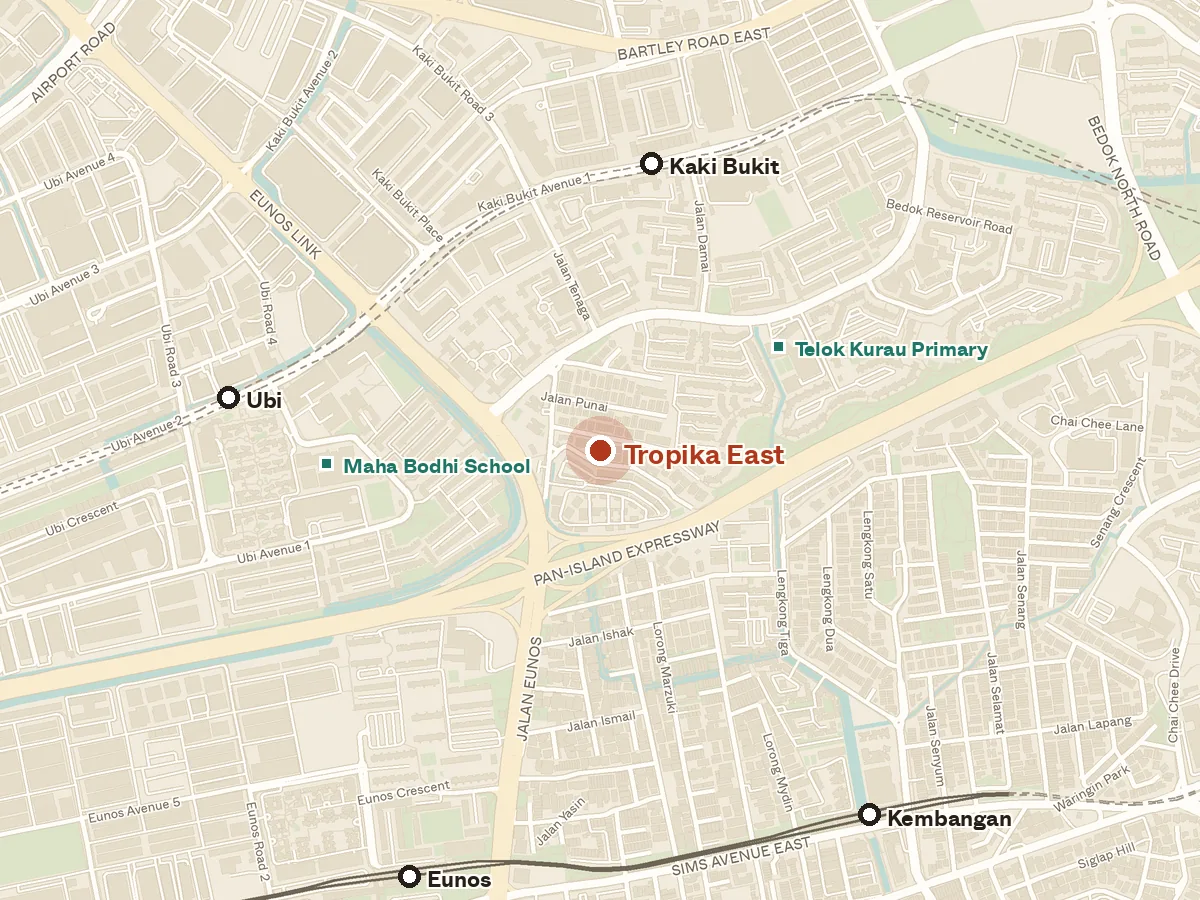 Map of the area around Tropika East, with nearby MRT stations and primary schools