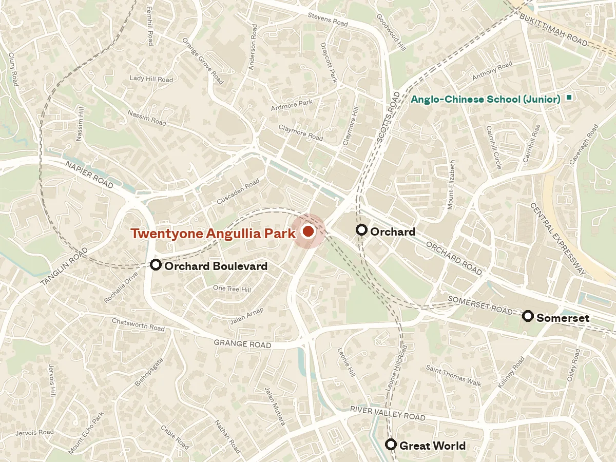Map of the area around Twentyone Angullia Park, with nearby MRT stations and primary schools