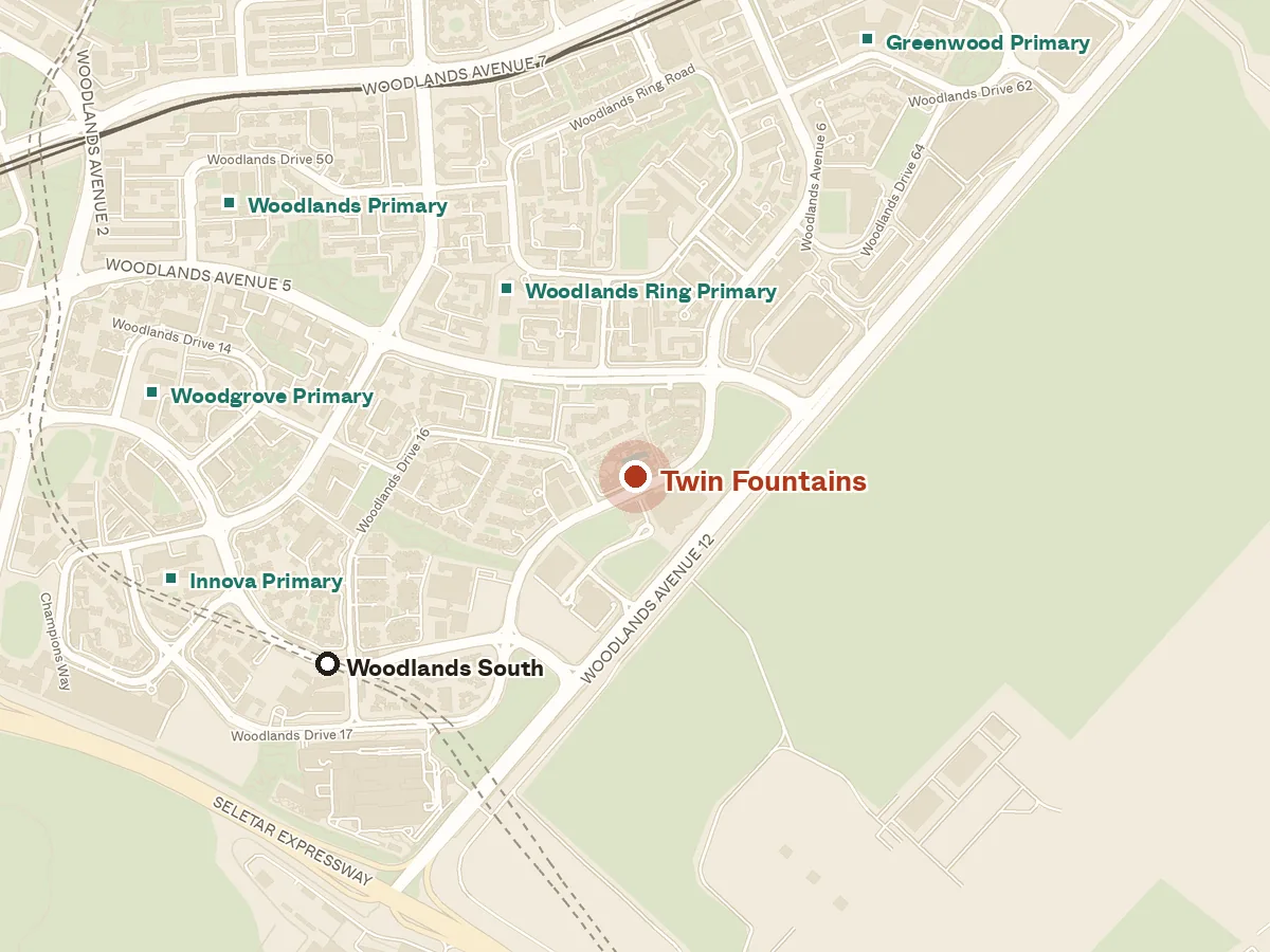 Map of the area around Twin Fountains, with nearby MRT stations and primary schools
