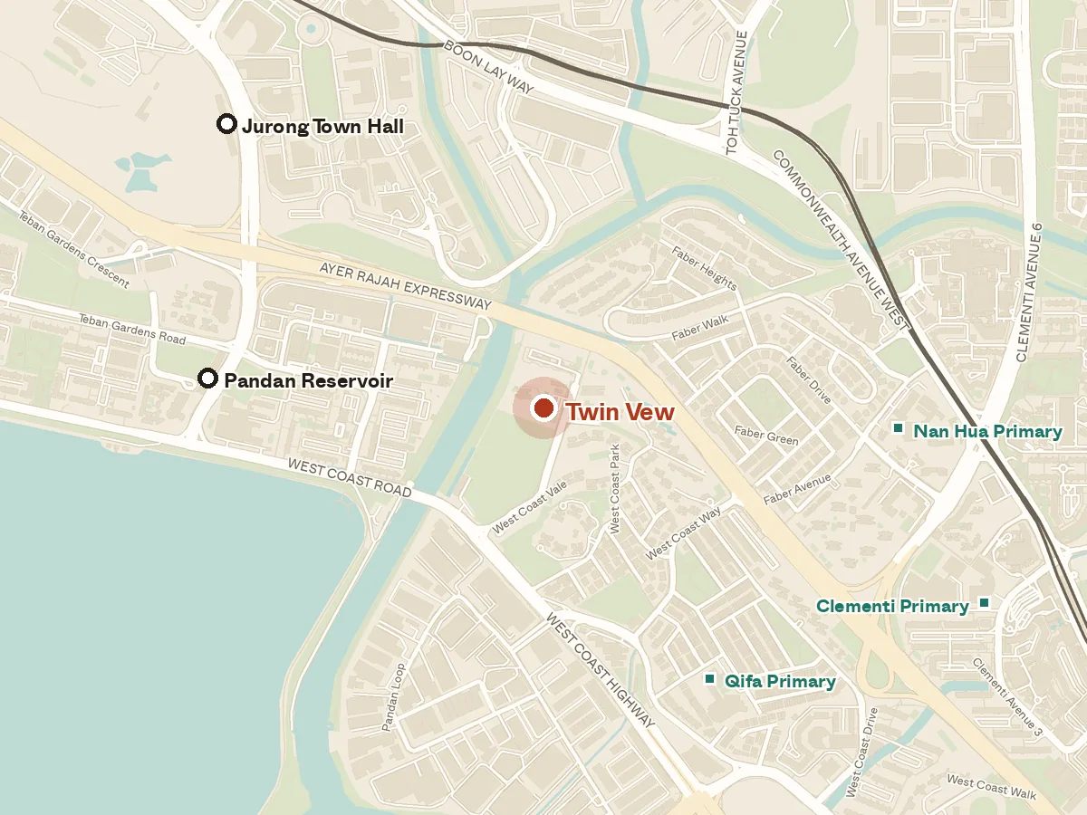 Map of the area around Twin Vew, with nearby MRT stations and primary schools