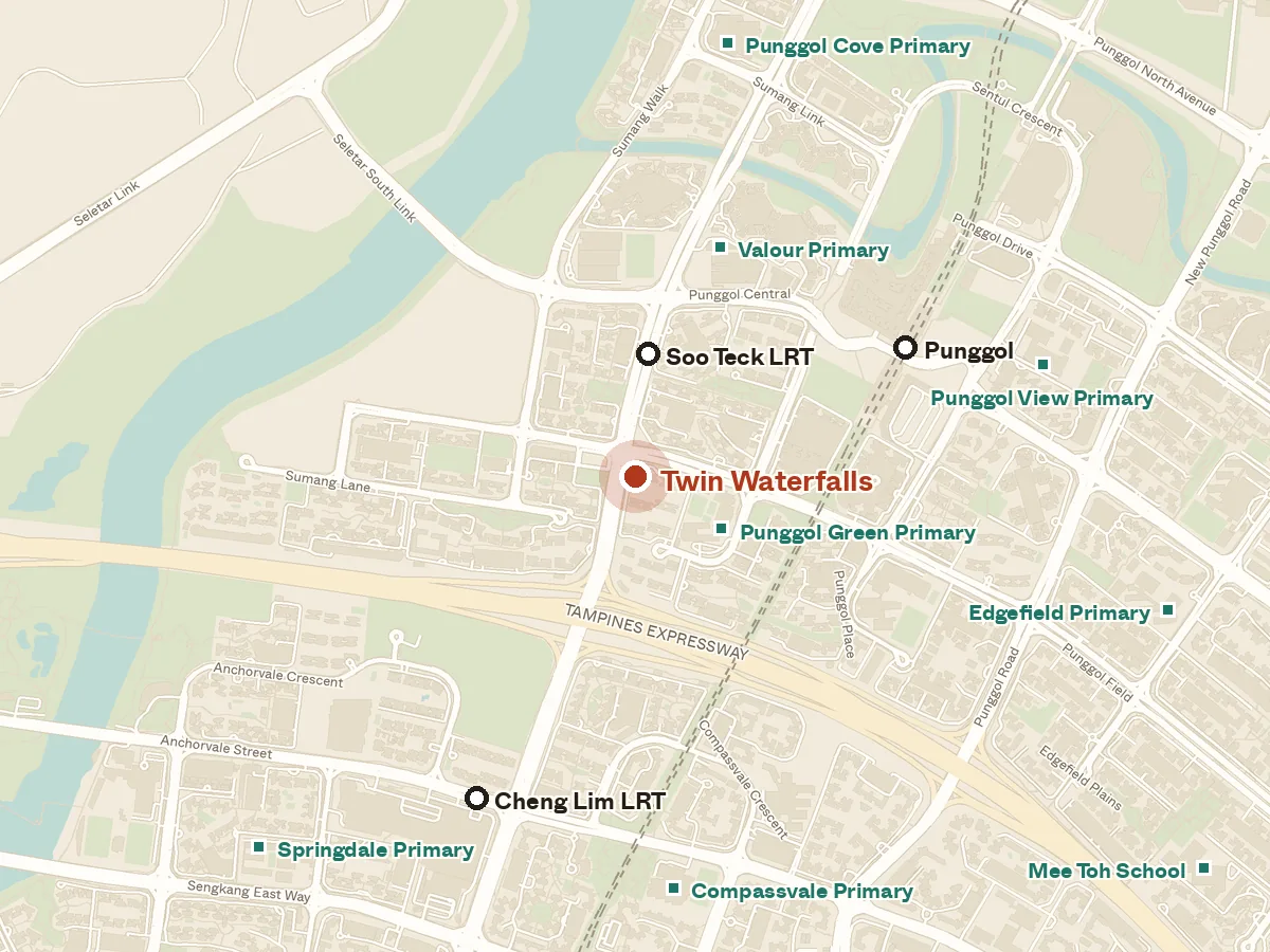 Map of the area around Twin Waterfalls, with nearby MRT stations and primary schools