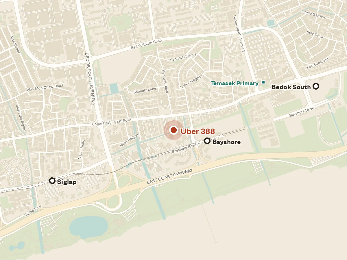 Map of the area around Uber 388, with nearby MRT stations and primary schools