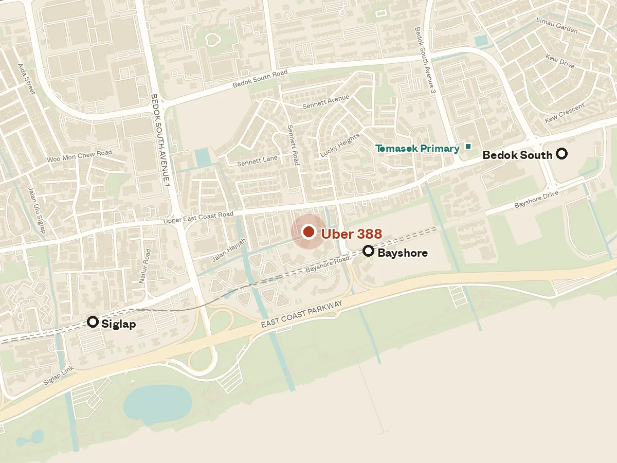 Map of the area around Uber 388, with nearby MRT stations and primary schools