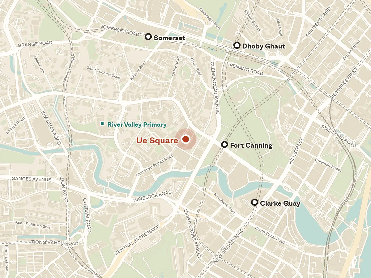 Map of the area around Ue Square, with nearby MRT stations and primary schools