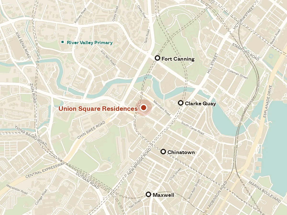 Map of the area around Union Square Residences, with nearby MRT stations and primary schools