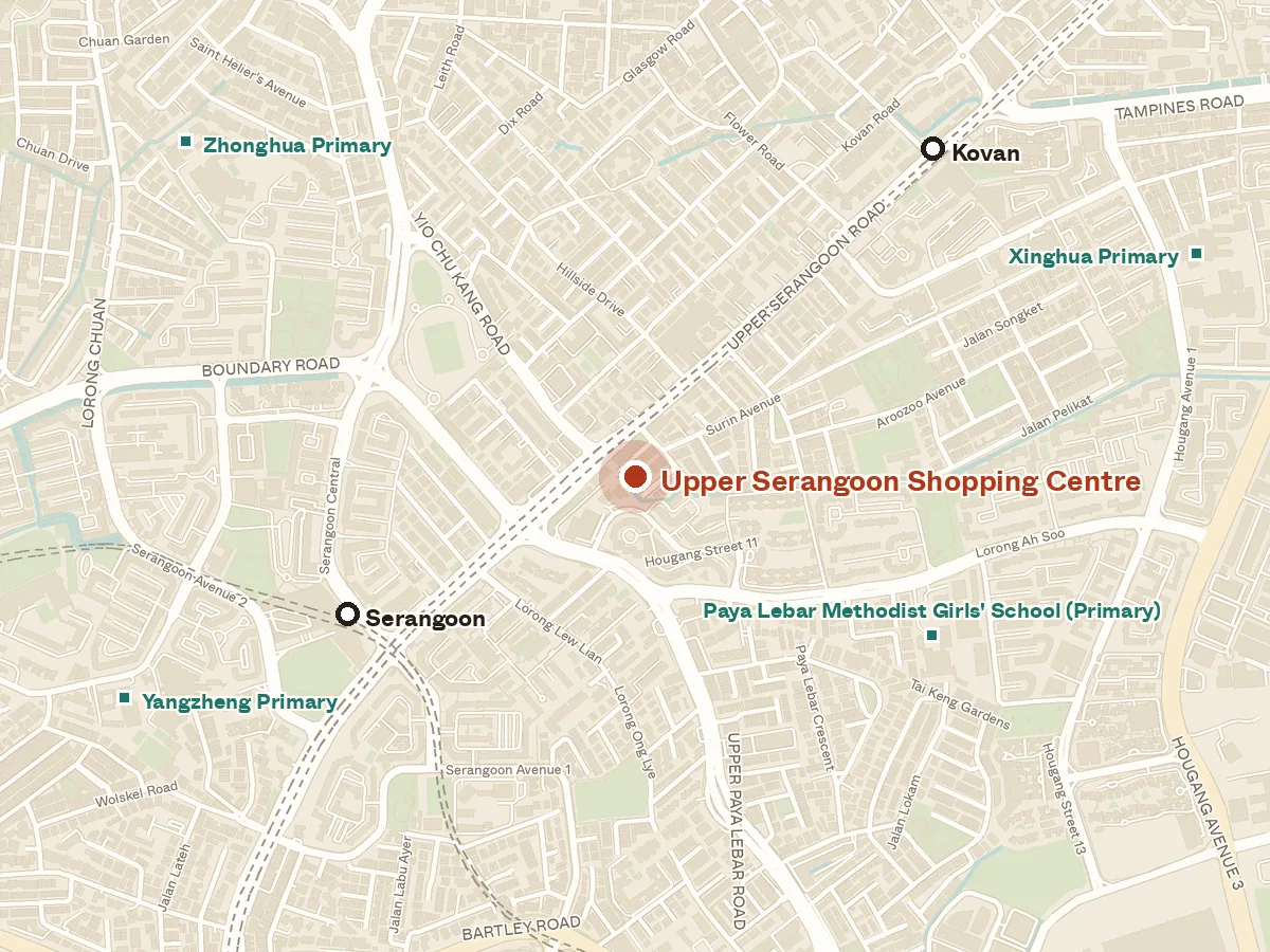 Map of the area around Upper Serangoon Shopping Centre, with nearby MRT stations and primary schools